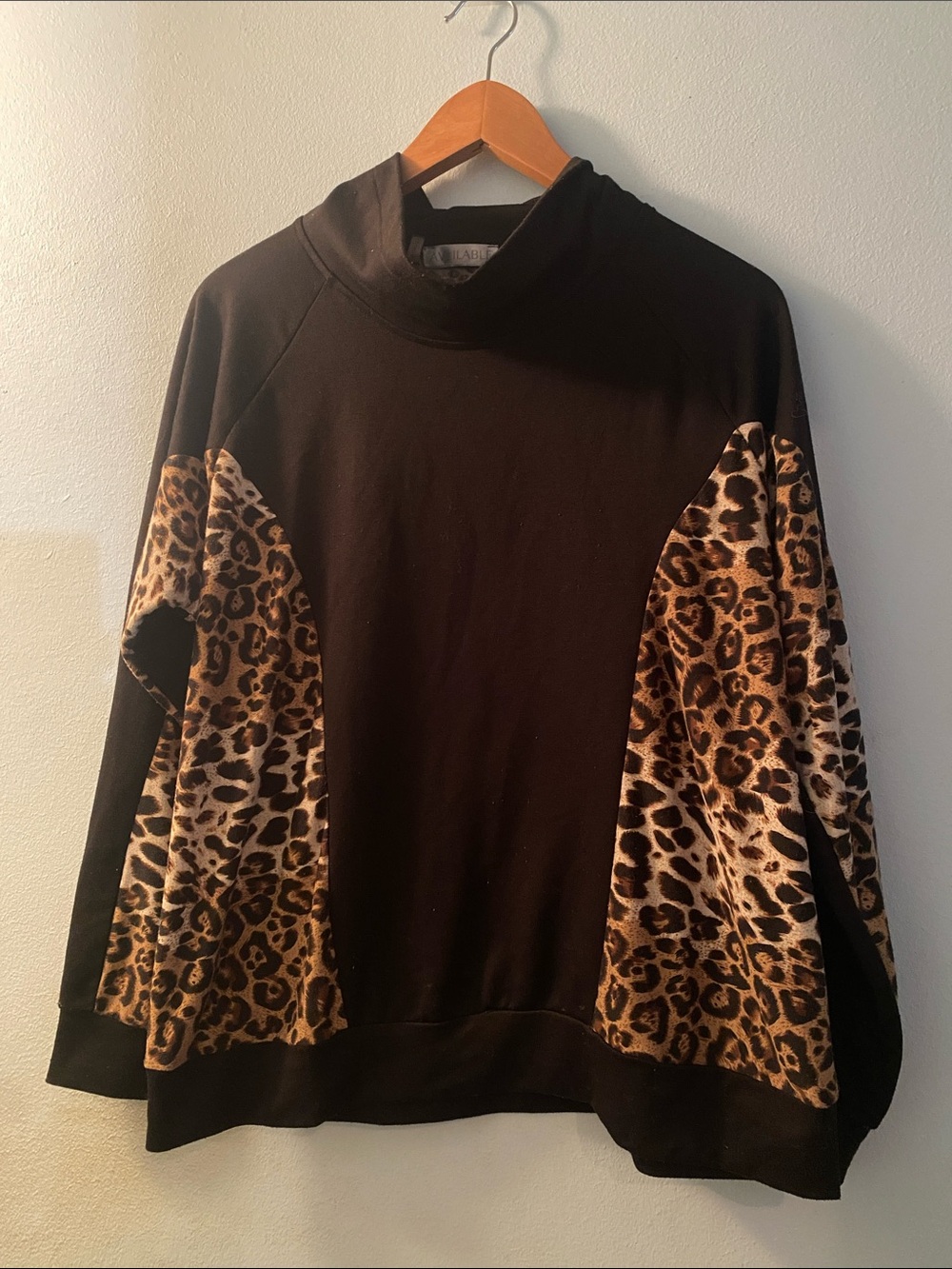Women’s Available Large Black Pullover Sweatshirt with Leopard Panel Accents